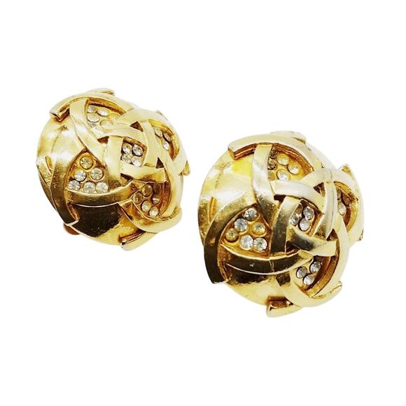 CHANEL Jewelry - Chanel Vintage Gold Plated Round Rhinestone Clip On Earrings
